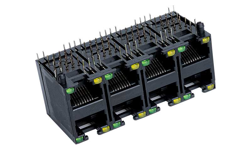 带LED灯左黄右绿全塑2X4双层8口90度网络连接器